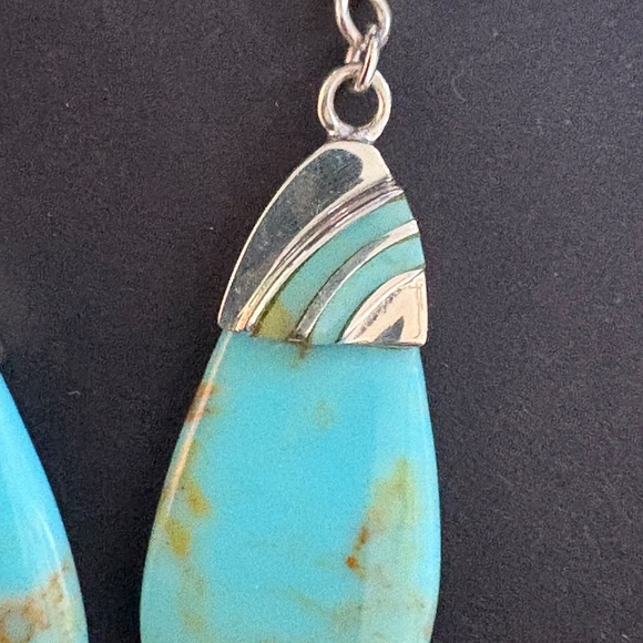 Turquoise Sterling Silver Teardrop Dangle Statement Dangle Earrings - Picture 9 of 9